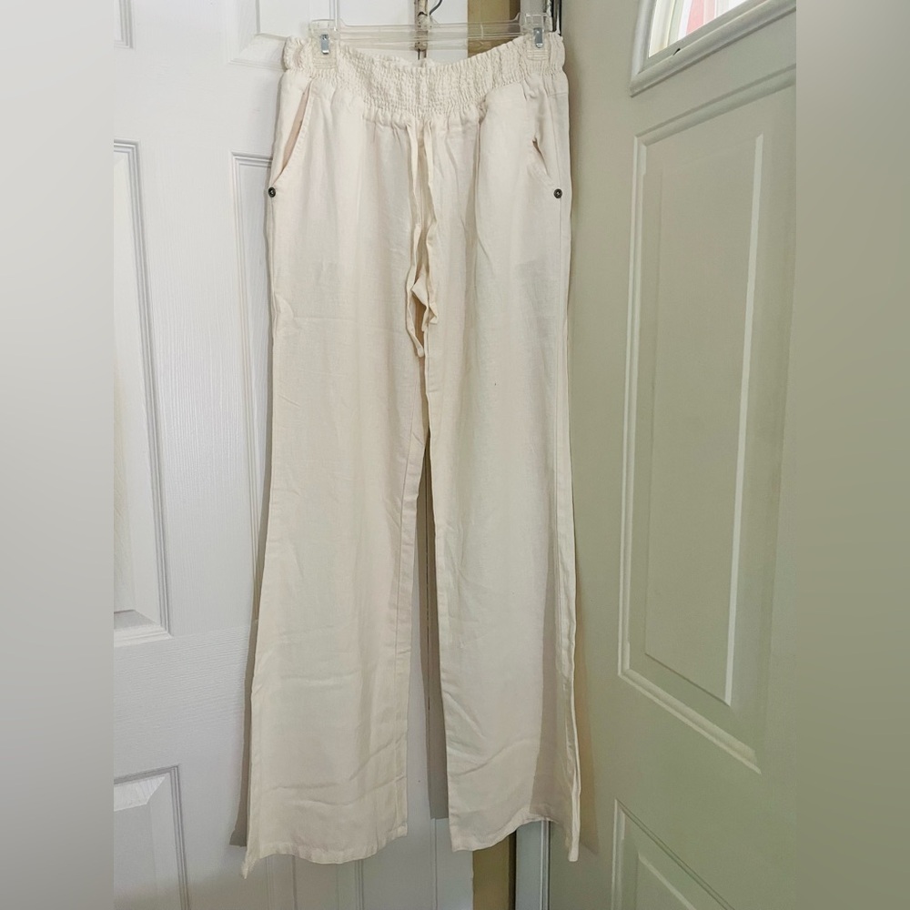 Love Tree Cream Drawstring Linen-Blend pants